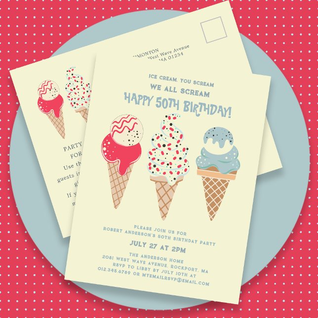 Retro Ice Cream Cone 50. Geburtstag Einladung Postkarte (Von Creator hochgeladen)