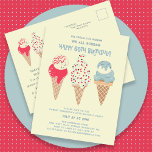 Retro Ice Cream Cone 60. Geburtstag Einladung Postkarte<br><div class="desc">Neu im Sommer 2024. Unsere "Ice Cream,  You Scream We All Scream Happy 60. Geburtstag!" Einladung Postkarte. Drei Retro-Aquarelleiskäse mit patriotischem Rot,  Weiß und Blau-Eis und Sprinklen stehen im Zentrum der Bühne über den Details Ihrer Geburtstagsparty.</div>
