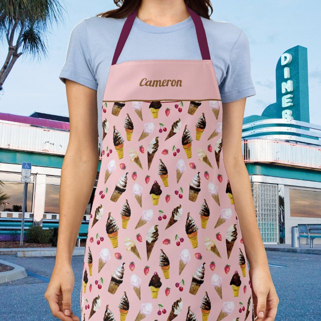 Retro Ice Cream Parlor Niedlich Pink Sugar Conces Schürze (This ice cream apron features my own original nostalgic artwork of scoops, cheeries and sugar cones.)