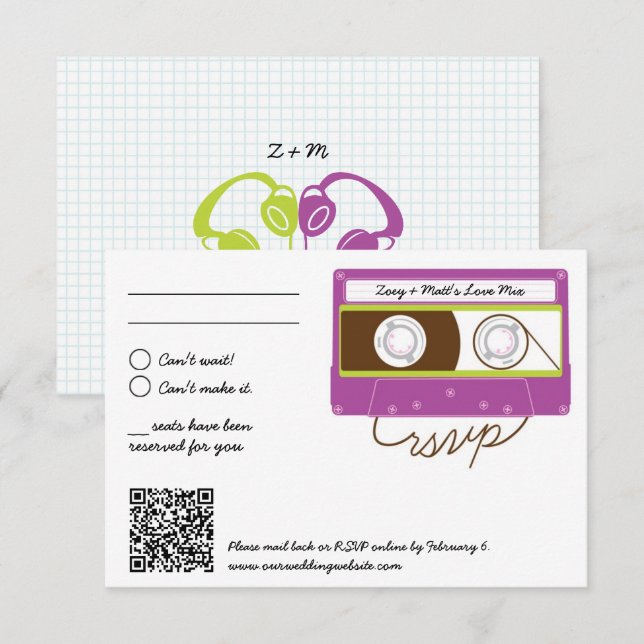 Retro Indie Mixtape Wedding Lila und Limon RSVP Karte (Vorne/Hinten)