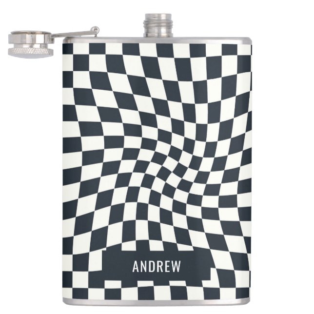 Retro Indigo White Checkered Personalisiert Flachmann (Geöffnet)