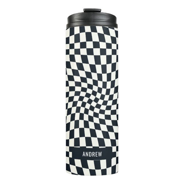 Retro Indigo White Checkered Personalisiert Thermosbecher (Vorderseite)