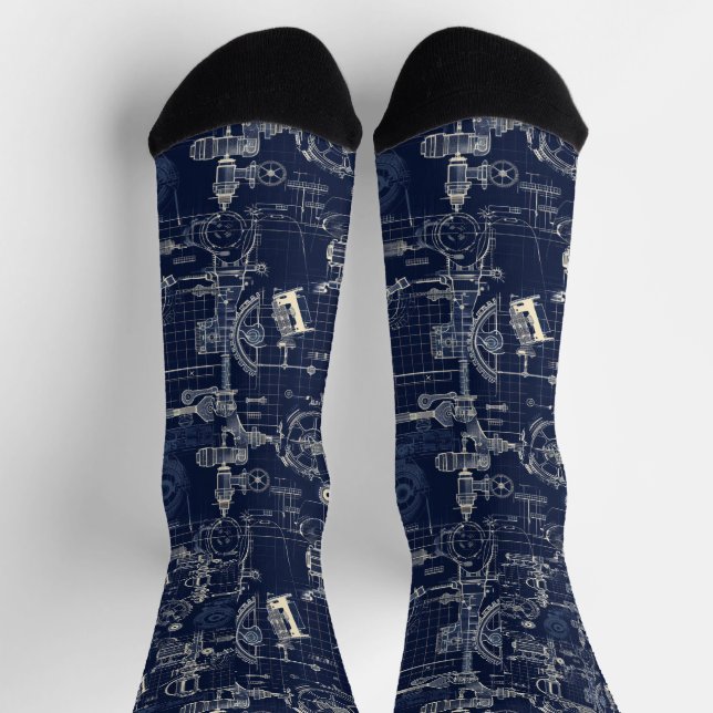 Retro Industrial Blue Printing Engineering Socken (Oben)