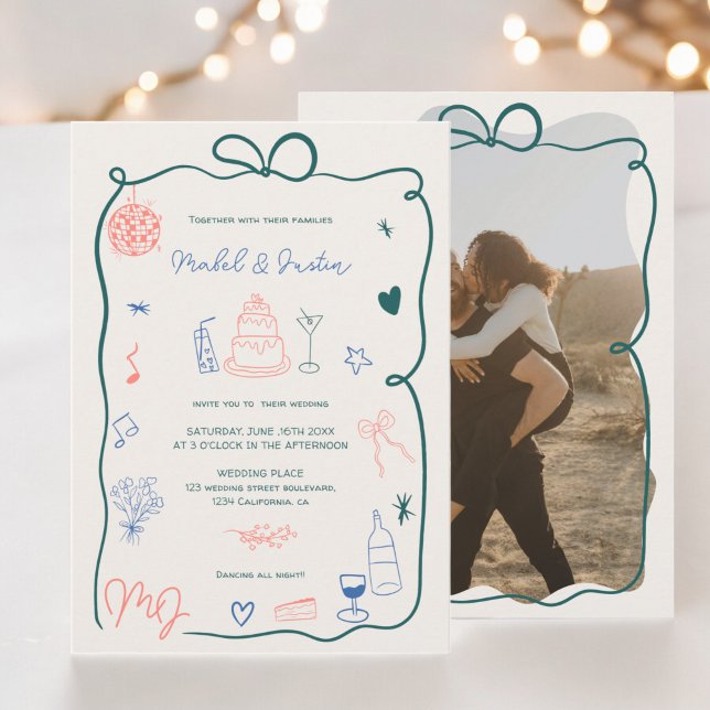 Retro-Initialen Band illustriertes Foto Hochzeit Einladung (Retro initials ribbon illustrated photo wedding invitation)