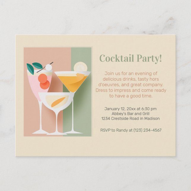 Retro-inspiriert Cocktail-Party Einladung Postkarte (Vorderseite)