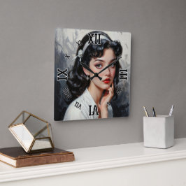 Retro Inspiriert Portrait von nachdenklicher junge Quadratische Wanduhr