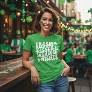 Retro Irish Kisses & Kleeblatt Wünsche Grün & Weiß T-Shirt
