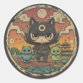 Retro Island Pals: Ninja Cat Crew Runder Aufkleber