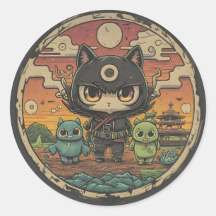 Retro Island Pals: Ninja Cat Crew Runder Aufkleber