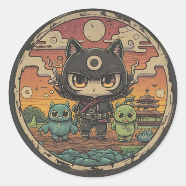 Retro Island Pals: Ninja Cat Crew Runder Aufkleber (Vorderseite)