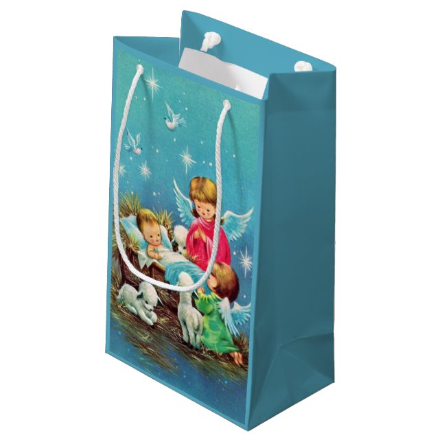 Retro-Jahrgang Weihnachtsangeln Kleine Geschenktüte (Rückseite Schrägansicht)
