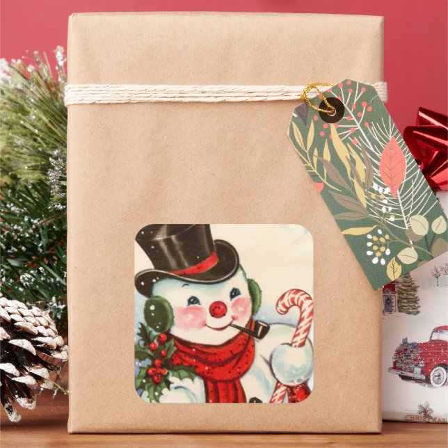 Retro-Jahrgang Weihnachtsschneemann Holiday Quadratischer Aufkleber (Feiertag)