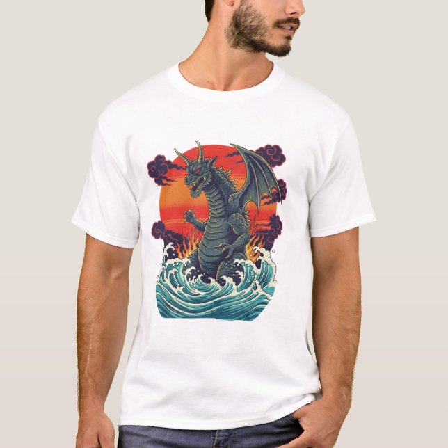 Retro Japanese Monster Great Wave Sunset T-Shirt (Vorderseite)