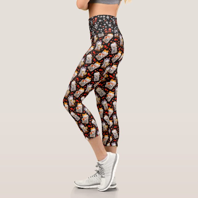 Retro Japanisch Maneki Neko Cat und Koi Capri Leggings (Links)