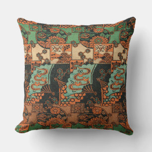 Retro-japanisches Chrysanthemen- und Wellenmotiv Kissen