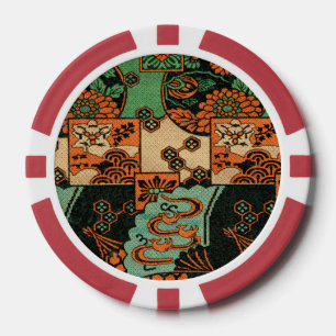 Retro-japanisches Chrysanthemen- und Wellenmotiv Pokerchips