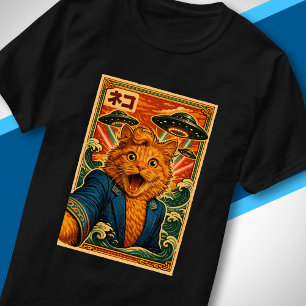 Retro-Japanisches UFO-Katzenporträt Alien-Begegnun T-Shirt