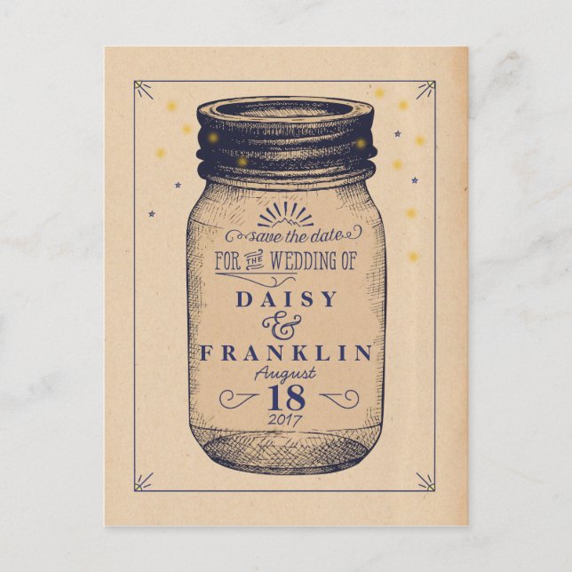 Retro Jar Save the Date - Telegrammstil - Marine Ankündigungspostkarte (Vorderseite)