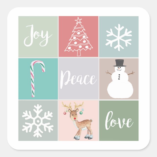 Retro Joy Christmas Illustrations Umschlag Aufkleb Quadratischer Aufkleber (Vorderseite)