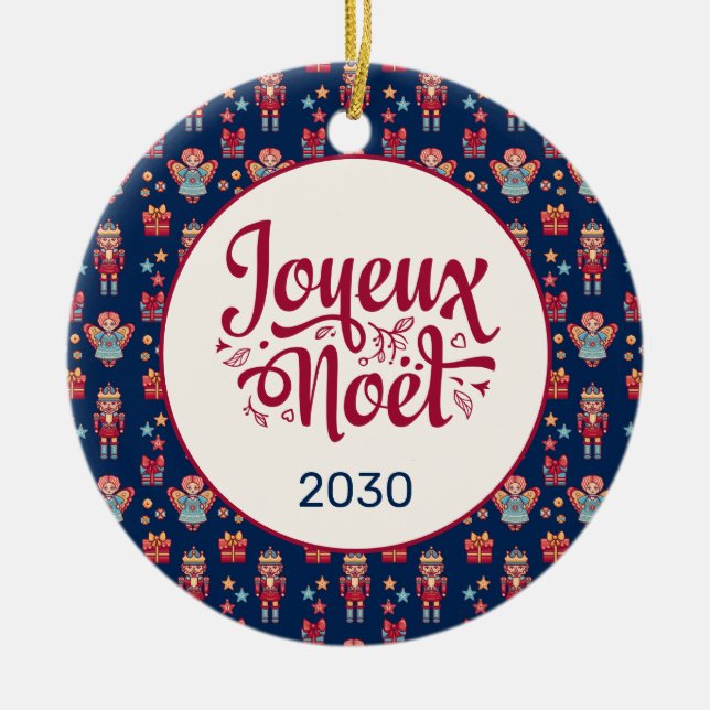 Retro Joyeux Weihnachten Keramik Ornament (Vorne)