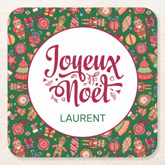 Retro Joyeux Weihnachten Personalisiert Rechteckiger Pappuntersetzer (Vorderseite)