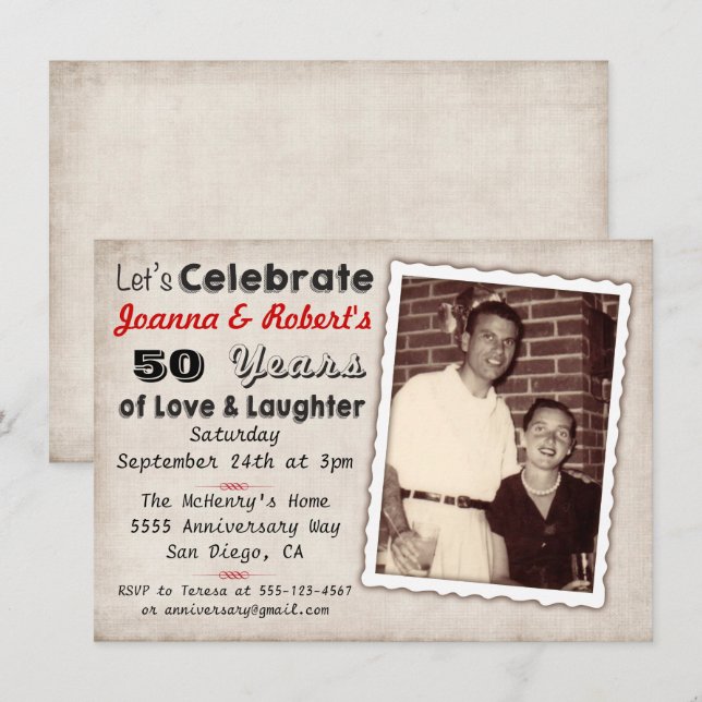 Retro-Jubiläum-Party Einladung mit Foto (Vorne/Hinten)
