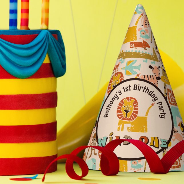 Retro Jungle Animals Wild 1 erster Geburtstag Partyhütchen (Von Creator hochgeladen)