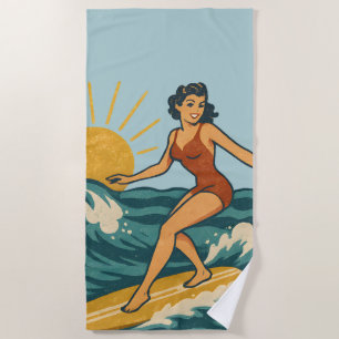 Retro-Kalifornien-Pin-Up-Surfer   Blaues Surf-Graf Strandtuch