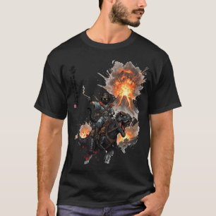 Retro-Kalligrafie-Katze-Dinosaurier-Vulkanausbruch T-Shirt