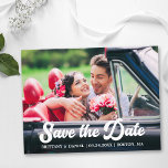 Retro-Kalligrafie-Script-Foto Save the Date Postkarte<br><div class="desc">Ankündigung von Retro-Kalligrafie-Script-Verlobung Couple-Foto Save the Date Postkarte</div>