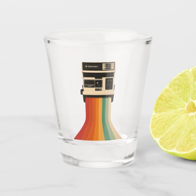 Retro-Kamera mit Regenbogen-Druck Schnapsglas (Vorderseite)