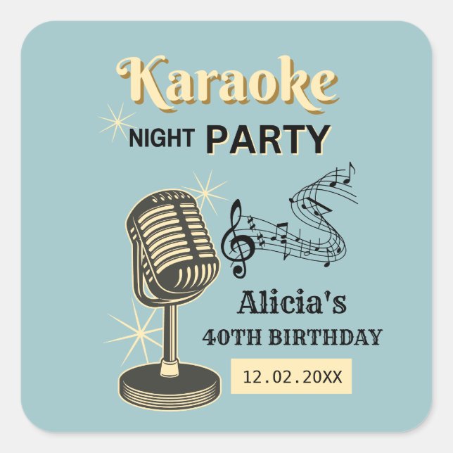 Retro Karaoke Night Party Aquamarin & Cream Geburt Quadratischer Aufkleber (Vorderseite)