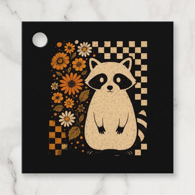 Retro karierter Halloween-Waschbär Geschenkanhänger (Vorderseite)