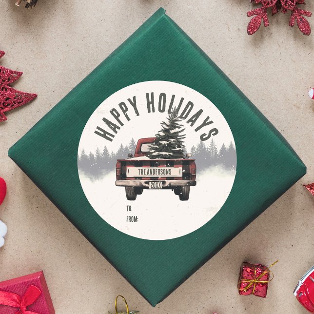 Retro Karierter Weihnachtswagen Kundenname Runder Aufkleber (Von Creator hochgeladen)