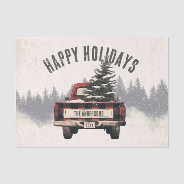Retro Karierter Weihnachtswagen Kundenname Seidenpapier (Vorderseite)