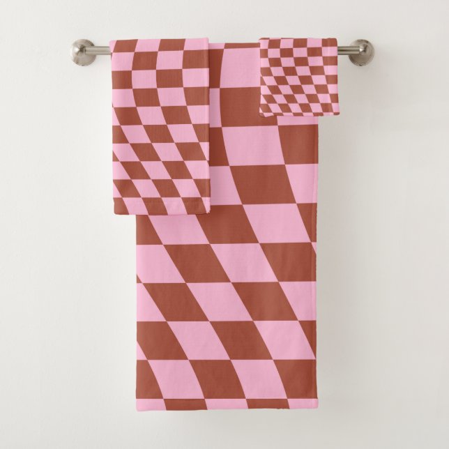 Retro-Karo-Muster rosa und braun Karton Badhandtuch Set (Insitu)