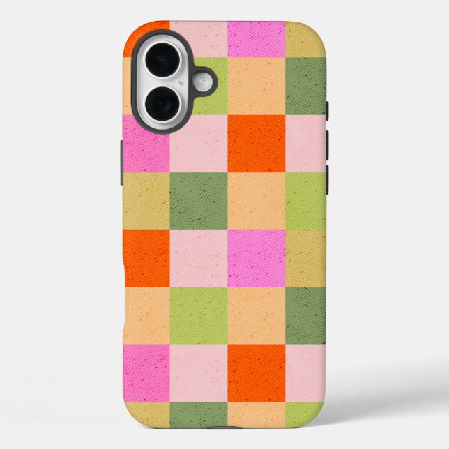 Retro-Karo rosa orange grün iPhone 16 Plus Hülle (Rückseite)