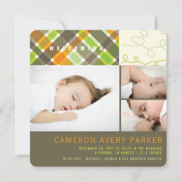 Retro Karos und Scribbles Chic 3 Foto Junge Geburt Ankündigung