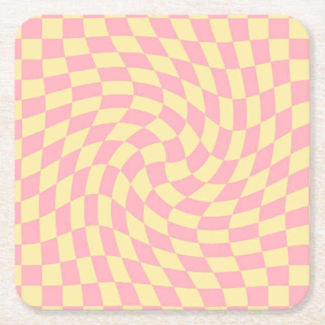 Retro-Karton mit verwartetem Karo rosa Pfirsich Rechteckiger Pappuntersetzer (Vorderseite)