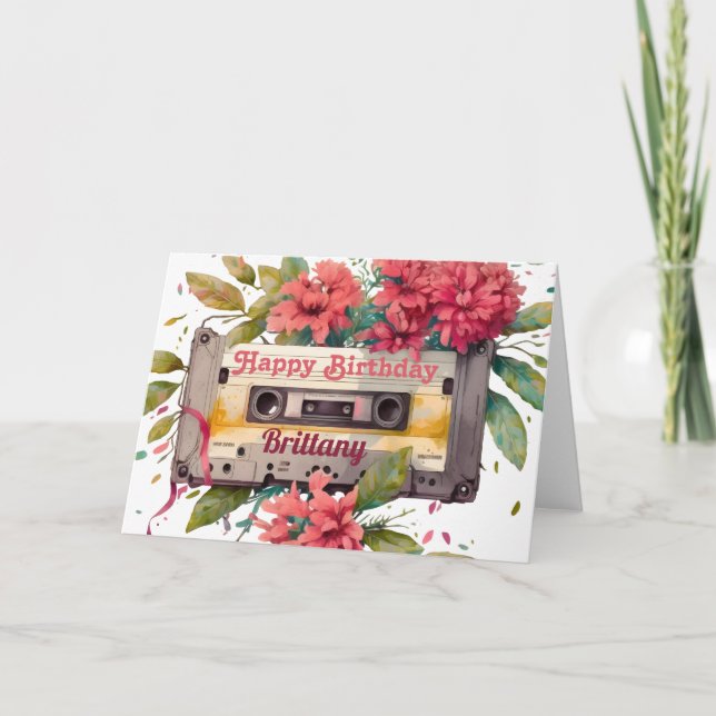 Retro-Kassette | Floral Happy Birthday Karte (Vorderseite)