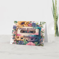 Retro-Kassette | Florale Happy Birthday-Karte