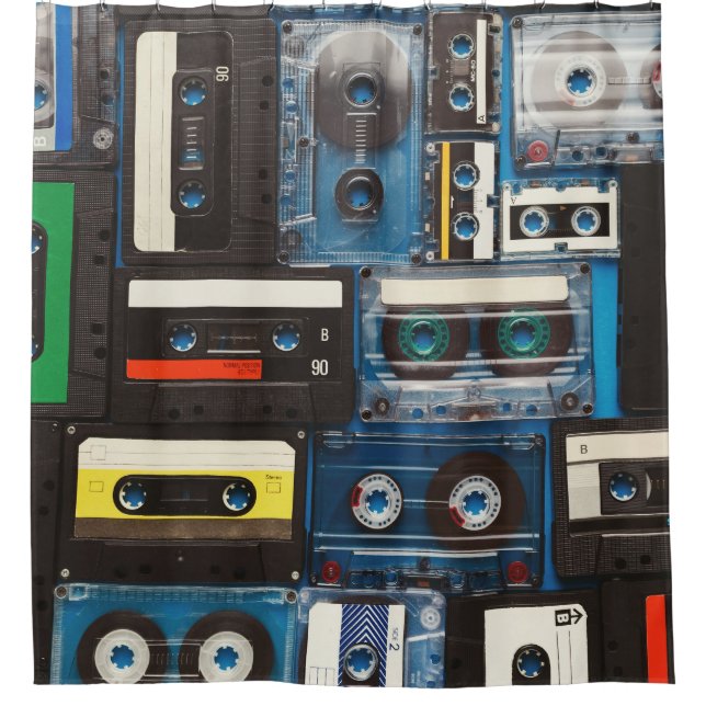 Retro-Kassetten: Blue Background Vintag. Duschvorhang (Vorderseite)