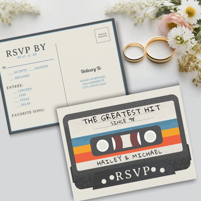 Retro-Kassettenband das Beste Hochzeitband Postkarte (Retro Cassette Tape The Greatest Hit Wedding RSVP Postcard)