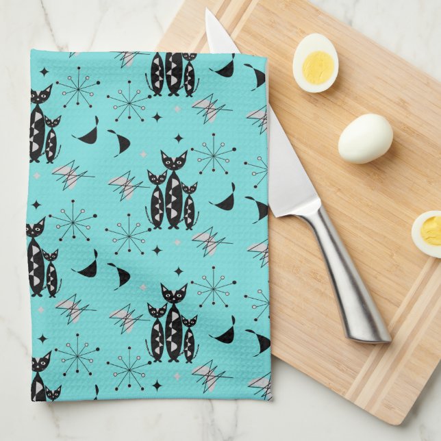 Retro Kats Atomic Sternexplosion Modernes Mid Cent Geschirrtuch (Viertel Falte)