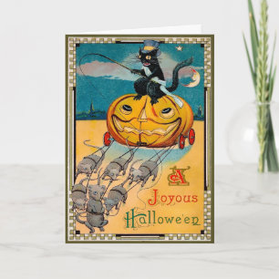 Retro-Katze reitet Kürbis Halloween-Karte Feiertagskarte