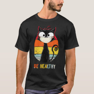 Retro Katze schwarze Katze mit Gesichtsmaske Quar T-Shirt