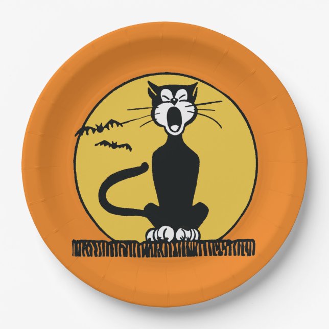Retro Katzen-Platte Heulenshalloween Pappteller (Vorderseite)