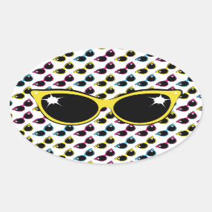 Retro Katzen-Sonnenbrille-Muster mit Gelb Ovaler Aufkleber
