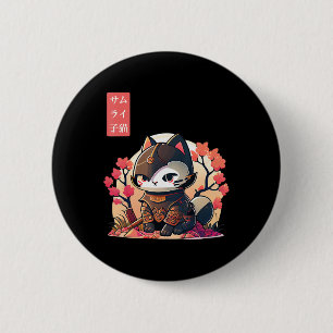 Retro Kawaii Samurai Katze mit Cherry Blossom Tree Button