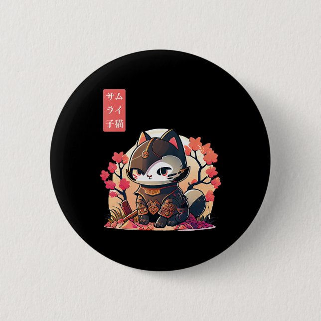 Retro Kawaii Samurai Katze mit Cherry Blossom Tree Button (Vorderseite)